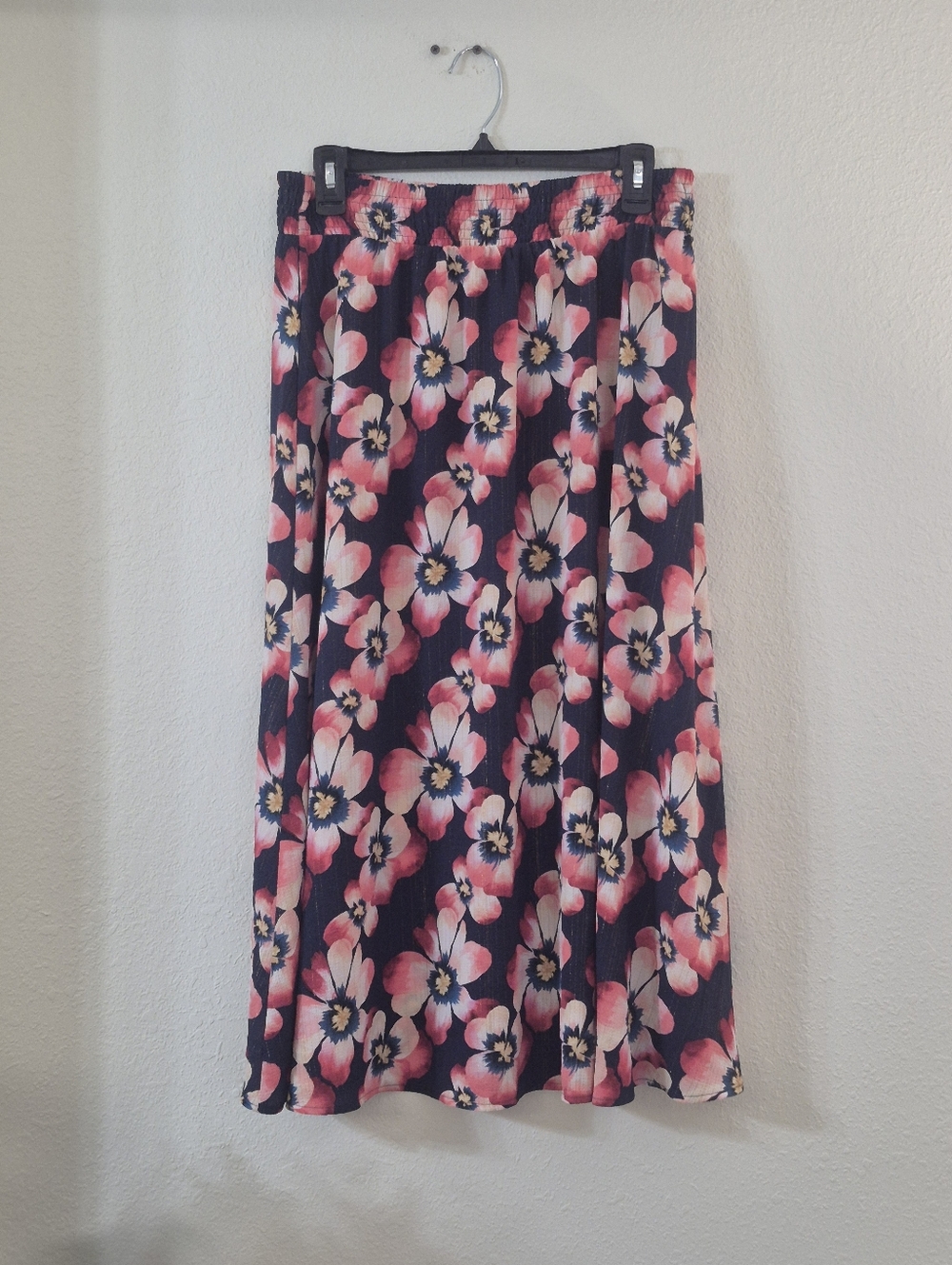 JM Collection Navy Floral Midi Skirt with Pink Blooms